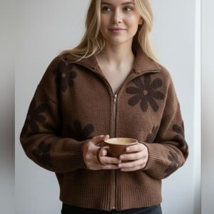 PROMESA Brown Floral Zip-Up Sweater.Size S